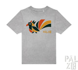 Kinder t-shirt aus grauer melierter baumwolle mit buntem geometrischem vogelmotiv und pälz markenprint in orange gelb grün