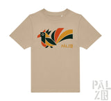 Beige kurzarm kinder t shirt mit buntem stilisiertem vogelmotiv in orange gelb und dunkelgrün und pälz logo
