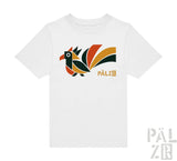 Weißes kinder t shirt mit kurzem arm und buntem elwetritsche vogelmotiv in orange grün schwarz von pälz