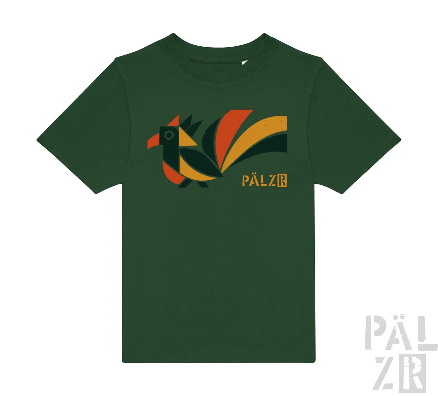 Dunkelgrünes kurzarmkindershirt mit orangegelbem geometrischem vogelmotiv und pälz logo darunter