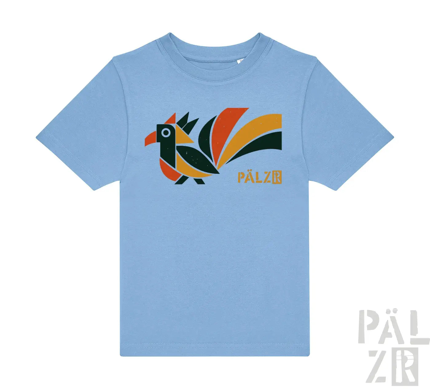 Kinder t-shirt elwetritsche in hellblau mit buntem geometrischem vogelmotiv in orange gelb und grün