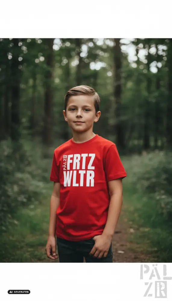Kinder t-shirt rot kurzarm mit weißem palzie fritz wltr print in verschiedenen farben für den alltag
