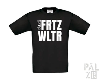 Schwarzes kinder t-shirt mit kurzen ärmeln und weißen blockbuchstaben fritz wltr sowie kleinem pálzr text in verschiedenen farben