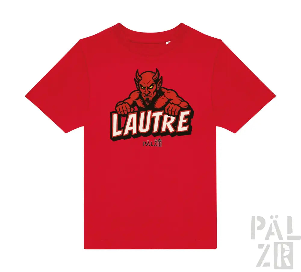 Rotes T-Shirt mit Teufel-Design und ’lautre’-Text, wahrscheinlich aus Baumwolle oder Polyester-Mischung.