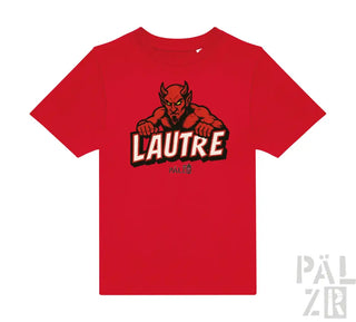 Rotes T-Shirt mit Teufel-Design und ’lautre’-Text, wahrscheinlich aus Baumwolle oder Polyester-Mischung.