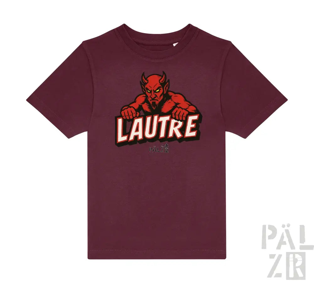 Bordeaux-Farbenes T-Shirt mit Teufel-Grafik und ’lautre’-Text in Weiß und Rot.