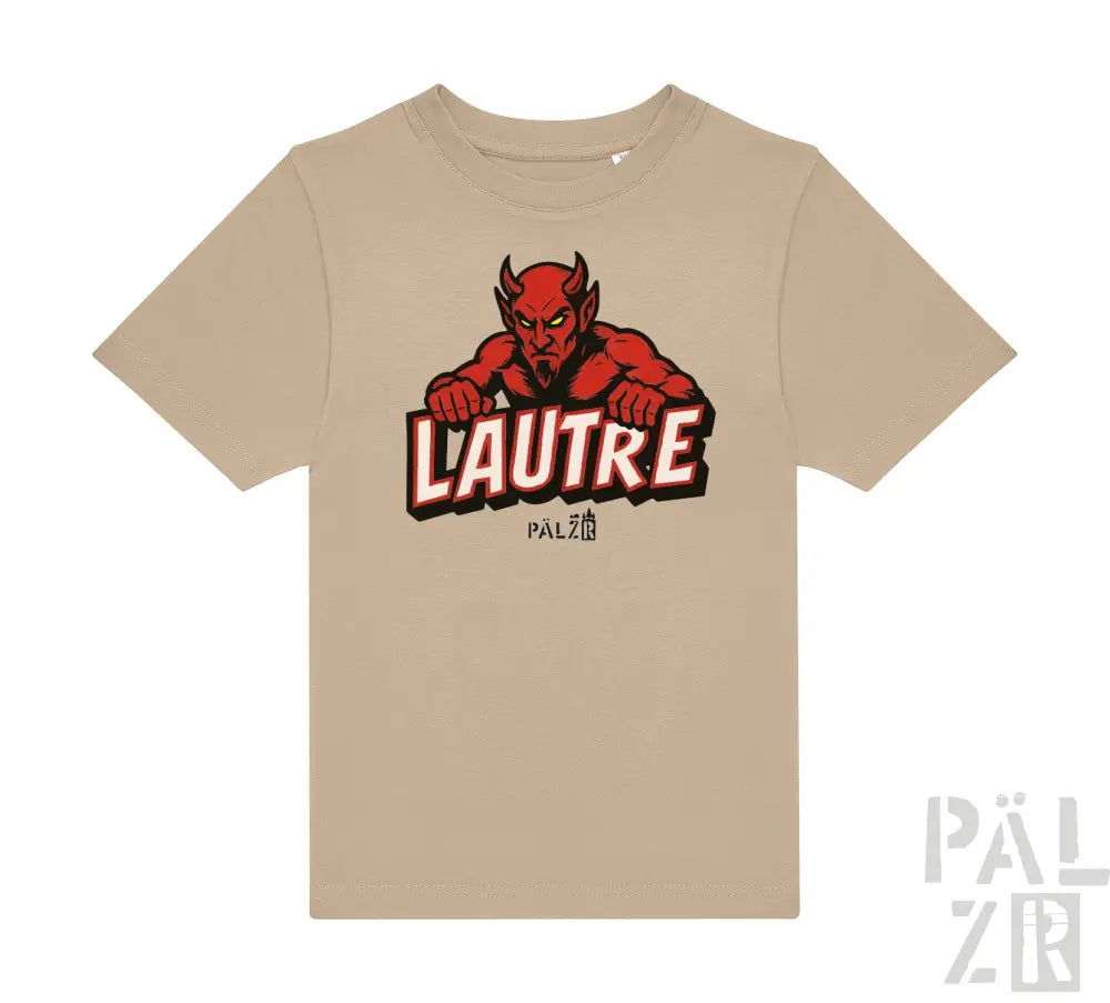 Beige T-Shirt mit rotem Teufel-Grafik und ’l’autre’-Text, aus Baumwolle.
