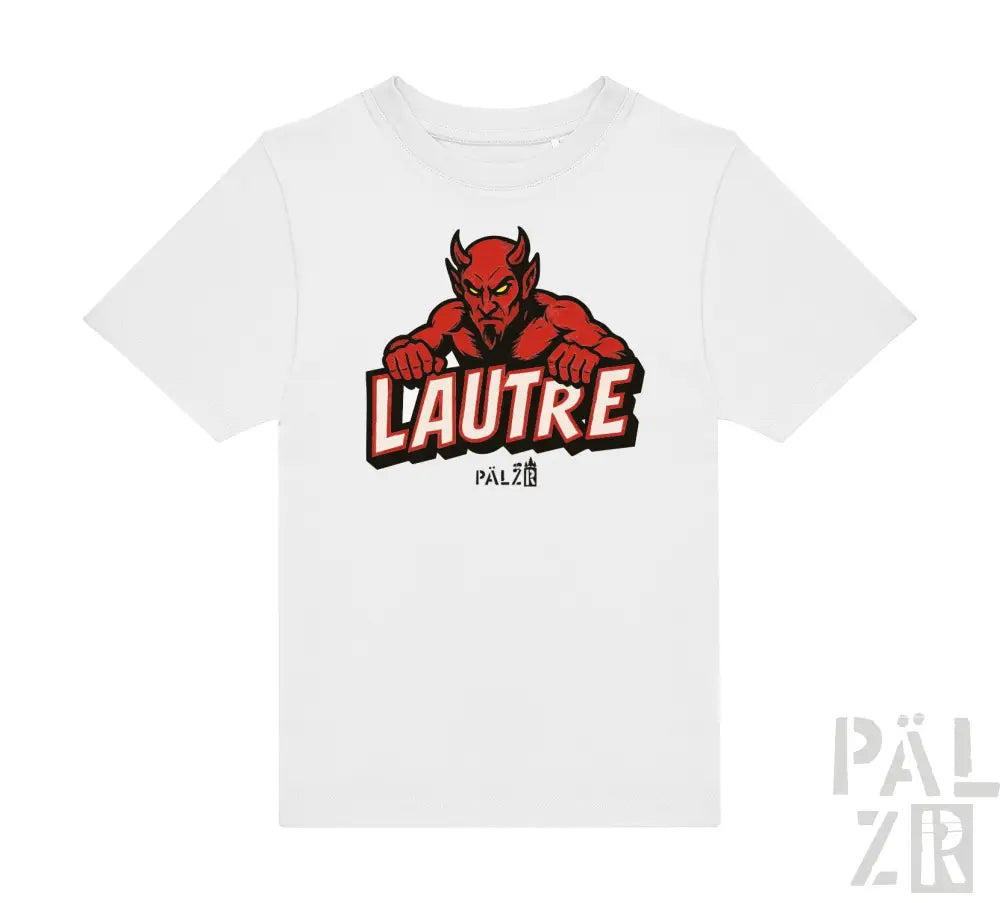 Weißes T-Shirt mit rotem Teufel-Design und Text „l’autre“ auf der Vorderseite.
