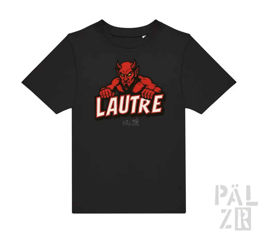 Schwarzes T-Shirt mit rotem Teufel-Design und weißem Text ’l’autre’ auf der Vorderseite.