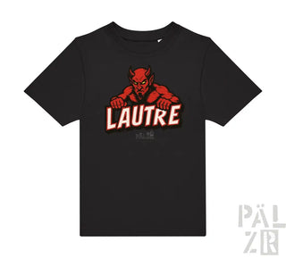 Schwarzes T-Shirt mit rotem Teufel-Design und weißem Text ’l’autre’ auf der Vorderseite.
