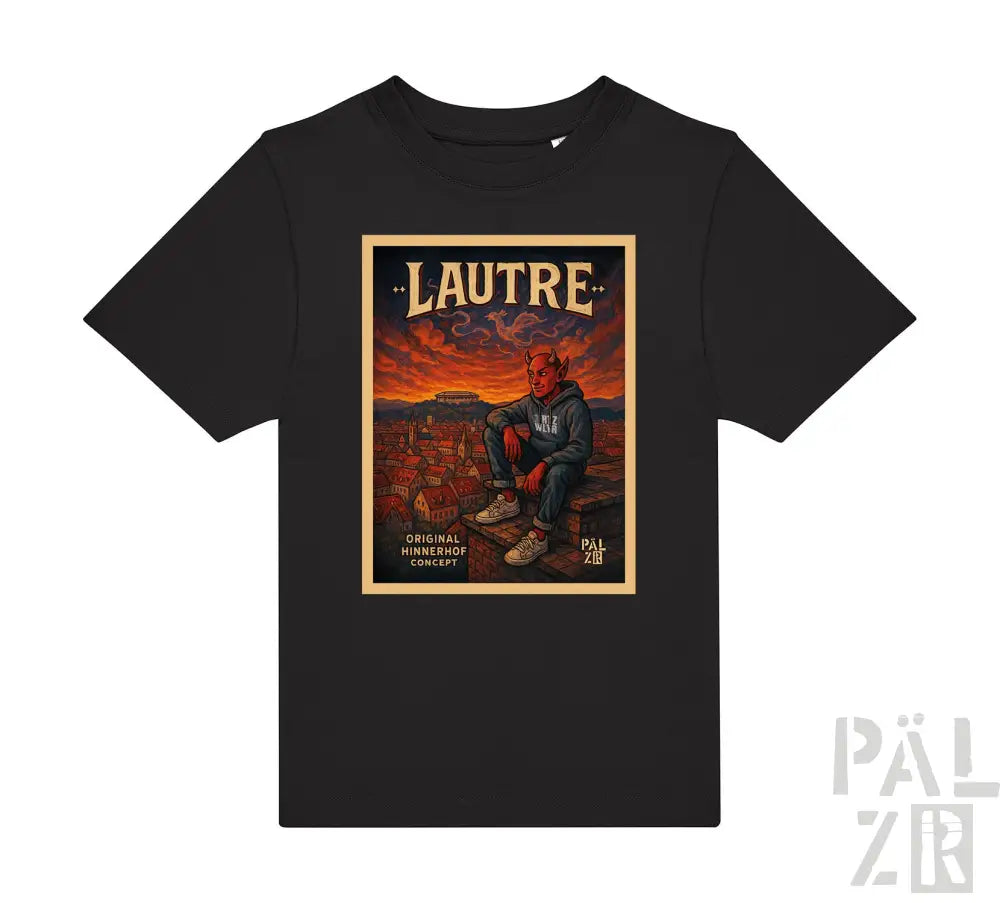 Schwarzes T-Shirt mit ’lautre’ Grafikdesign, das eine Wüstenlandschaft und eine Figur zeigt.