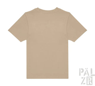 Beige Baumwoll-T-Shirt mit Rundhals und kurzen Ärmeln.