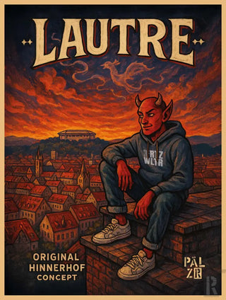 Rotes Teufel-Hoodie mit Hörner- und Schwanz-Design, weiße Sneaker.