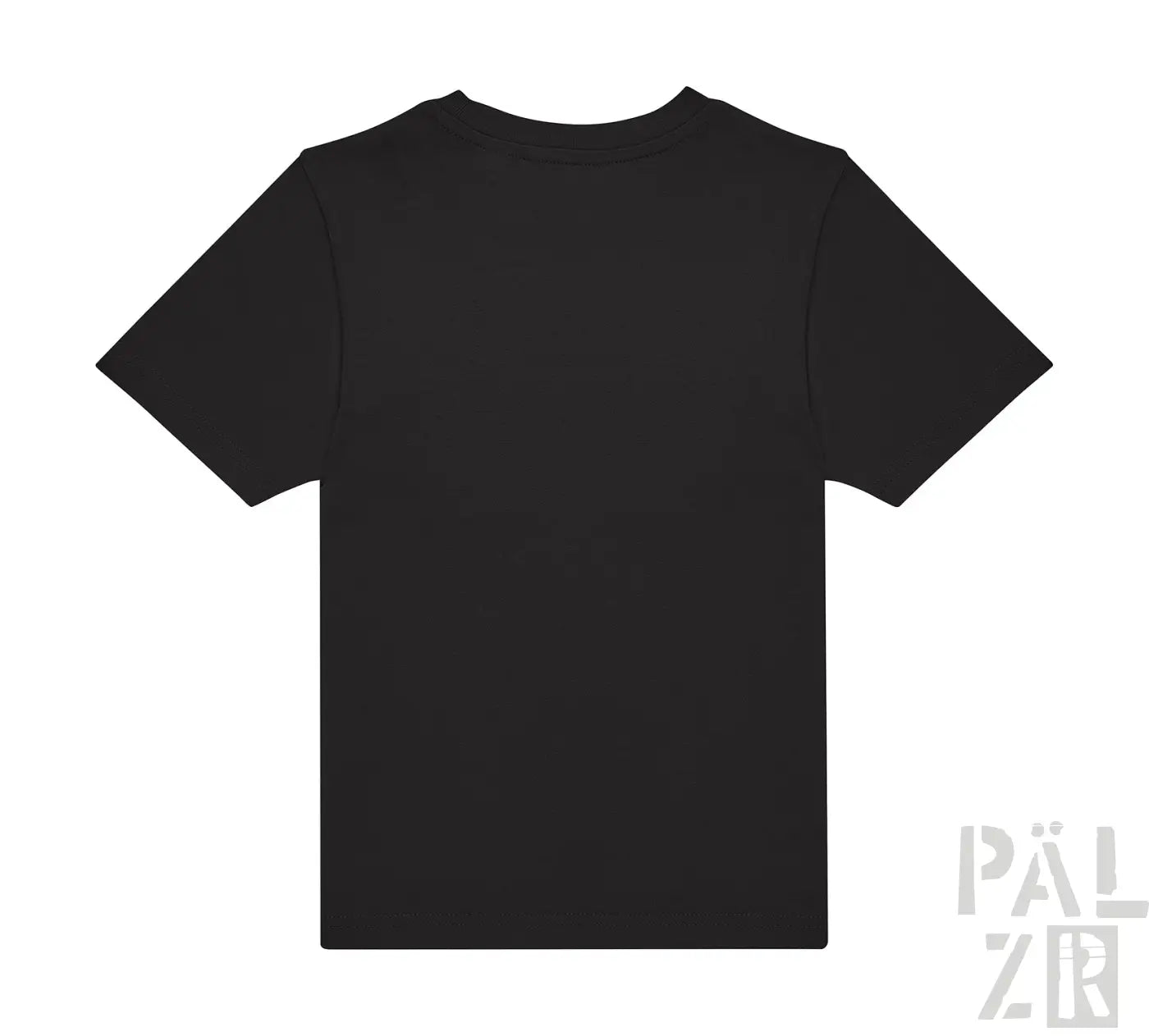 Schwarzes T-Shirt mit kurzen Ärmeln und Rundhals.