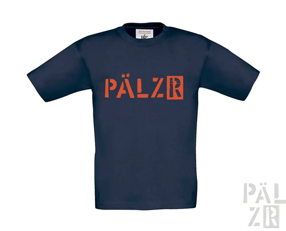 Marineblaues T-Shirt mit orangem ’pälzr’-Logo-Design, aus Baumwolle gefertigt.