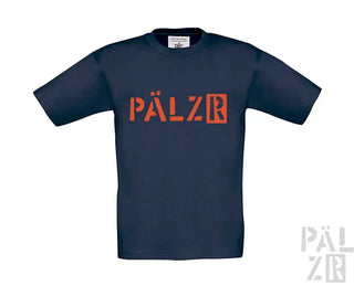Marineblaues T-Shirt mit orangem ’pälzr’-Logo-Design, aus Baumwolle gefertigt.