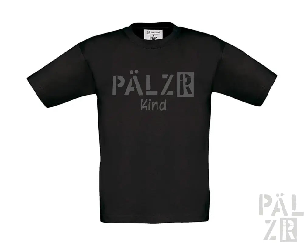 Schwarzes Baumwoll-T-Shirt mit Textdesign ’pälzer kind’ in Grau.