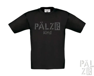 Schwarzes Baumwoll-T-Shirt mit Textdesign ’pälzer kind’ in Grau.