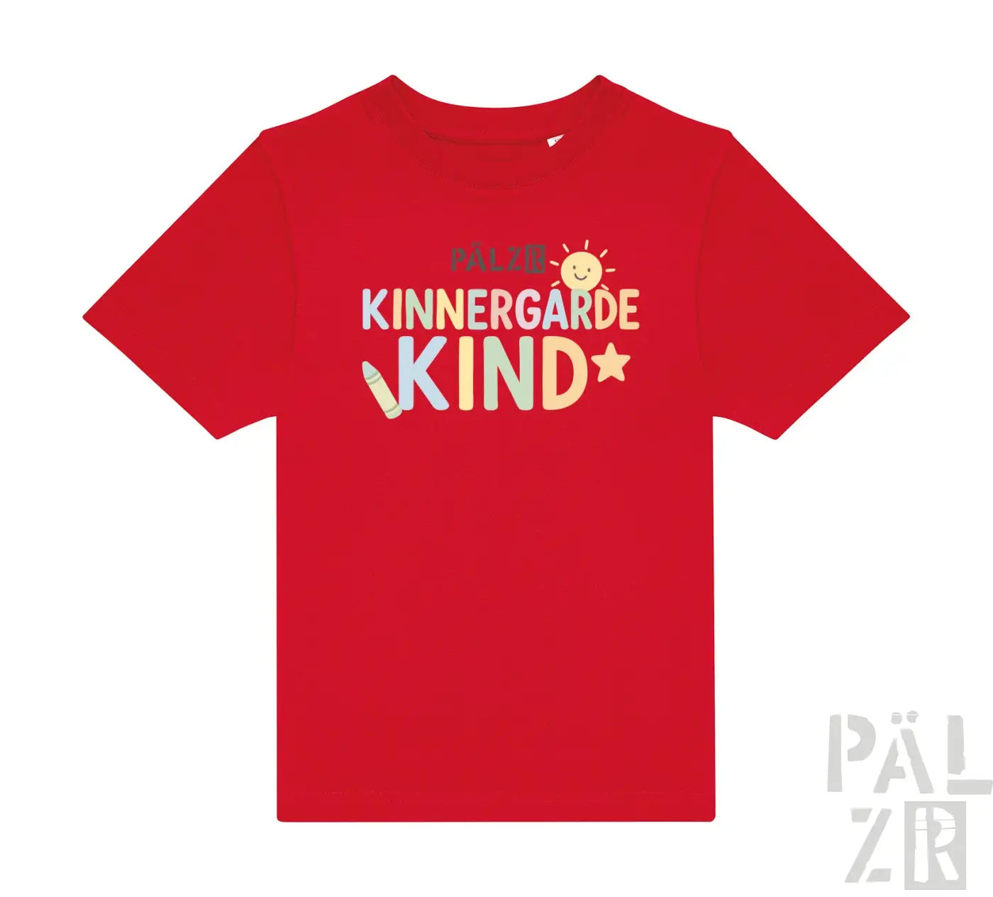 Rotes T-Shirt mit ’kinnergarde kind’ Text und Sonnen-Grafik, wahrscheinlich aus Baumwolle oder Polyester-Mischung.