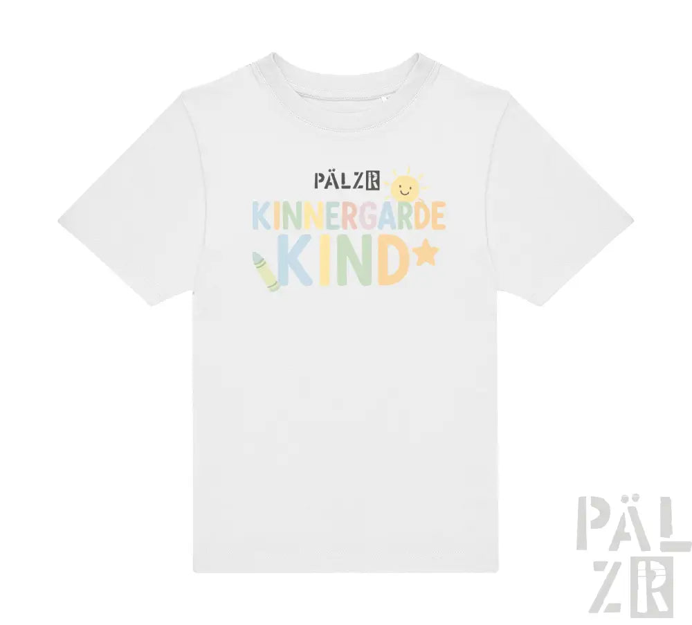 Weißes T-Shirt mit farbenfrohem „Pälzer Kindergartekind“-Text und Stern-Design, wahrscheinlich aus Baumwolle.