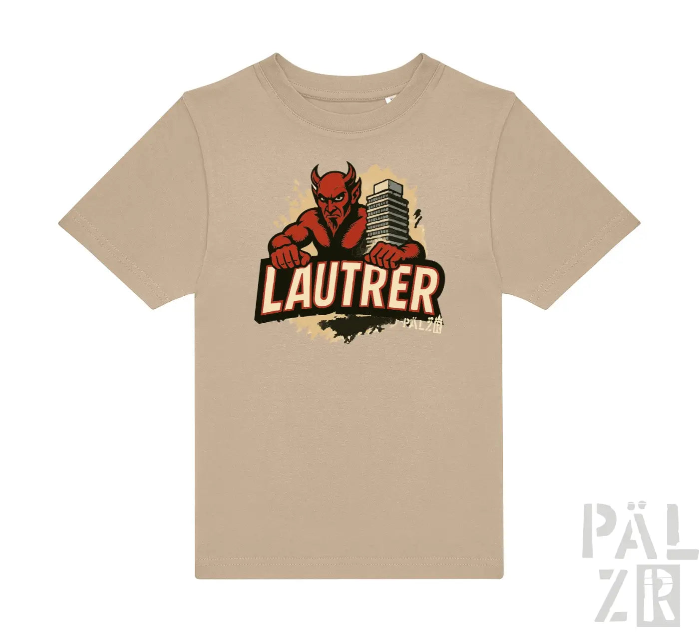 Beige T-Shirt mit Teufel-Design und ’lautrer’-Text, wahrscheinlich aus Baumwolle oder Polyester-Mischung.