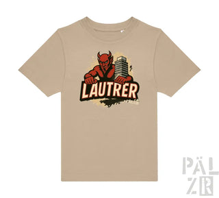 Beige T-Shirt mit Teufel-Design und ’lautrer’-Text, wahrscheinlich aus Baumwolle oder Polyester-Mischung.