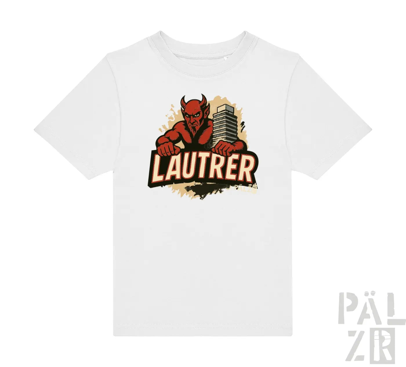 Weißes T-Shirt mit Teufel-Design und Text „lautrer“ in Rot.