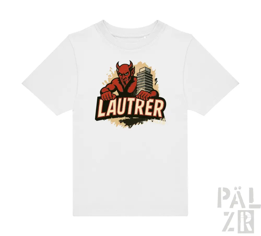 Weißes T-Shirt mit Teufel-Design und Text „lautrer“ in Rot.