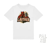 Weißes T-Shirt mit Teufel-Design und Text „lautrer“ in Rot.