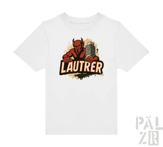 Weißes T-Shirt mit Teufel-Design und Text „lautrer“ in Rot.