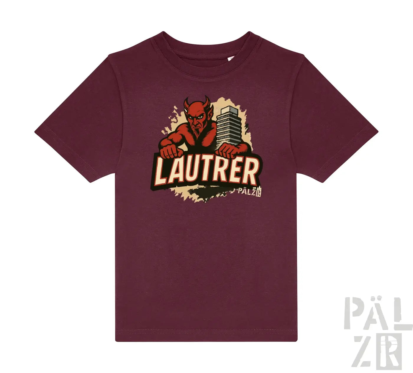 Bordeauxfarbenes T-Shirt mit Grafikdesign, das eine rote teufelsähnliche Figur und das Wort ‚lautrer‘ in fetter, stilisierten Schrift zeigt.