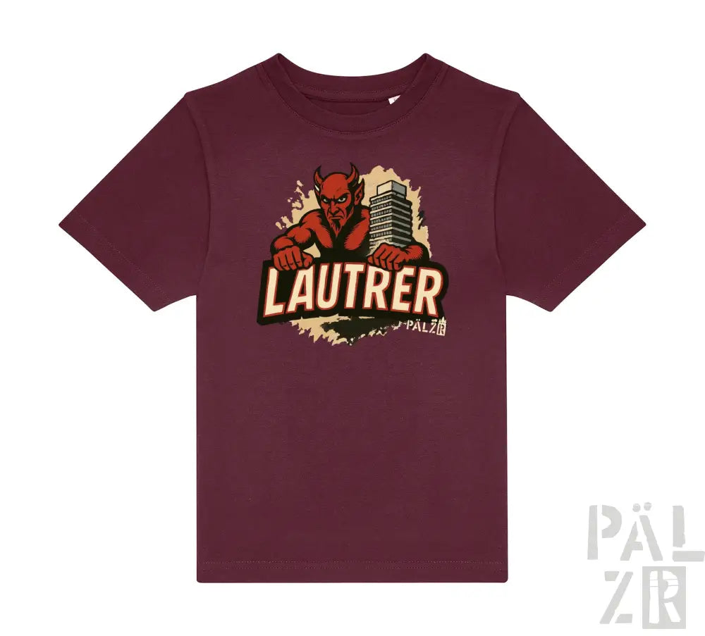 Bordeauxfarbenes T-Shirt mit Grafikdesign, das eine rote teufelsähnliche Figur und das Wort ‚lautrer‘ in fetter, stilisierten Schrift zeigt.