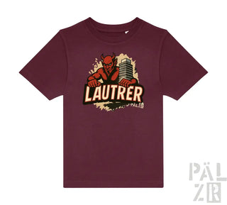 Bordeauxfarbenes T-Shirt mit Grafikdesign, das eine rote teufelsähnliche Figur und das Wort ‚lautrer‘ in fetter, stilisierten Schrift zeigt.