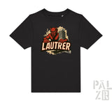 Schwarzes T-Shirt mit rotem Teufel-Design und ’lautrer’-Text.