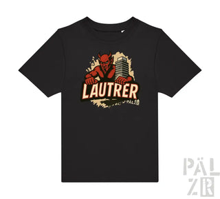 Schwarzes T-Shirt mit rotem Teufel-Design und ’lautrer’-Text.
