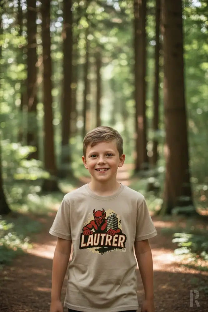 Beige T-Shirt mit ’lautrer’-Text und Teufel-Grafik, wahrscheinlich aus Baumwolle oder Polyester-Mischung.