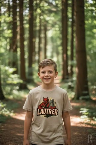 Beige T-Shirt mit ’lautrer’-Text und Teufel-Grafik, wahrscheinlich aus Baumwolle oder Polyester-Mischung.