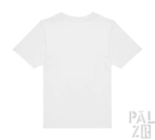 Weißes T-Shirt mit kurzen Ärmeln und Rundhals.