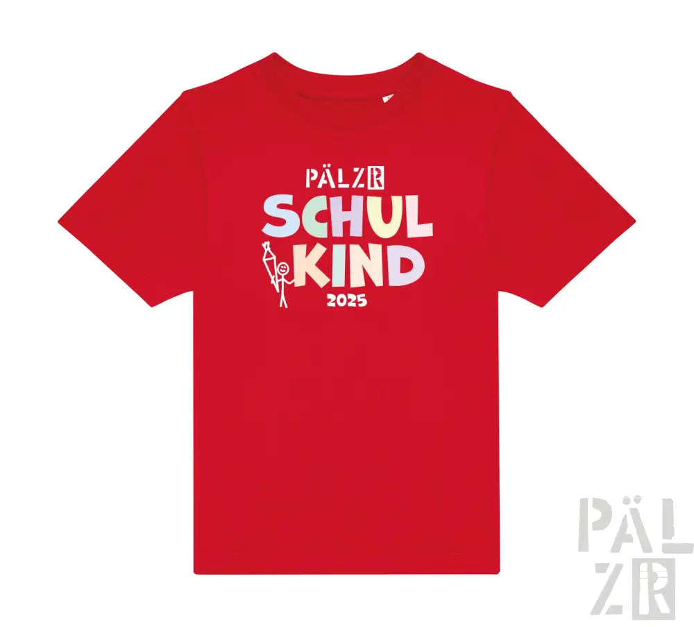 Rotes T-Shirt mit ’pälzr schulkind 2025’’ Design und kleiner Figur, Baumwollmaterial.