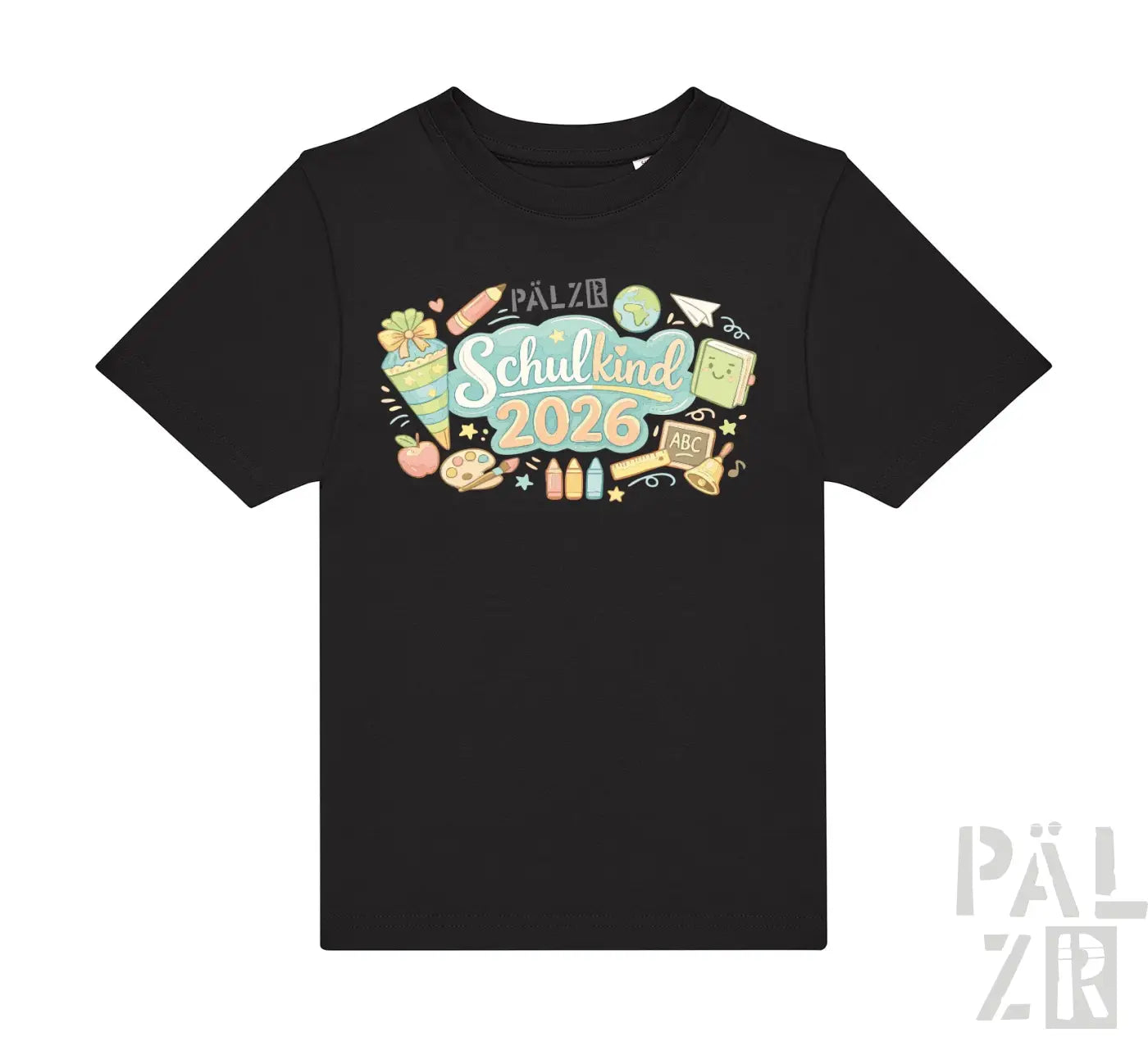 Schwarzes kurzarm kinder t-shirt mit bunter schulkind 2026 illustration und schulmotiven in verschiedenen farben von pälzr