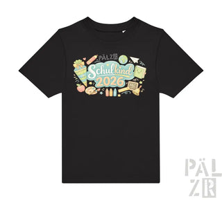 Schwarzes kurzarm kinder t-shirt mit bunter schulkind 2026 illustration und schulmotiven in verschiedenen farben von pälzr