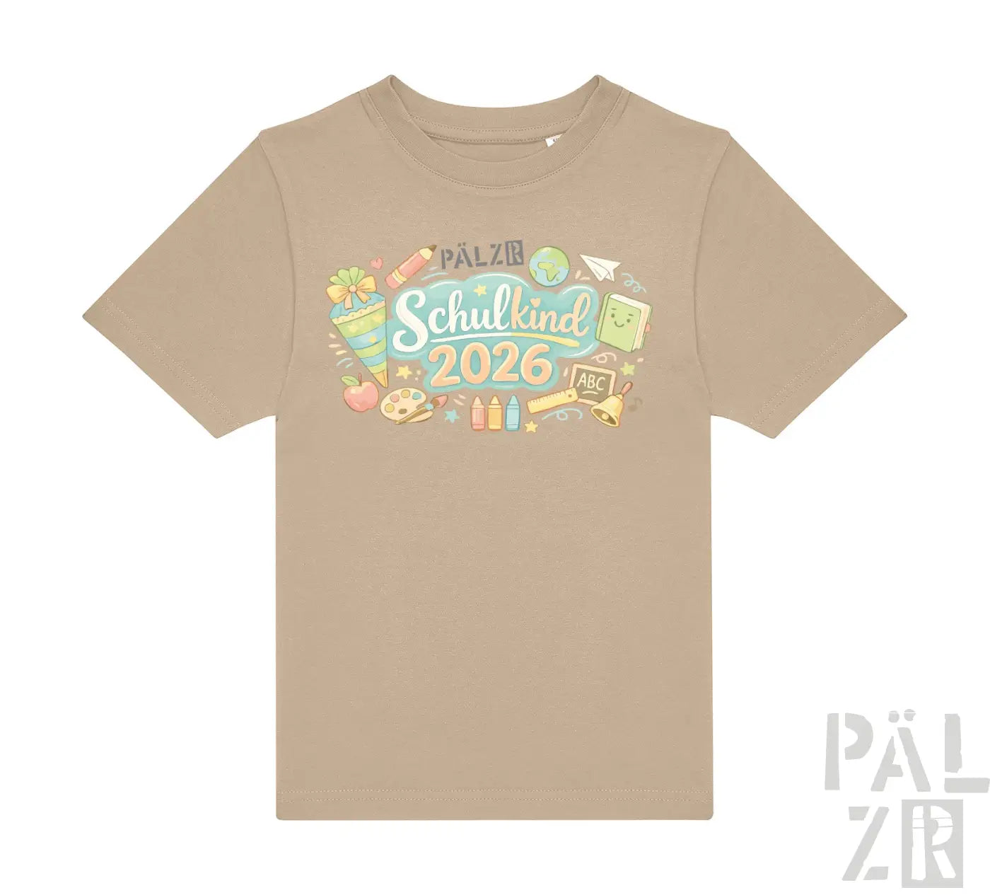 Beiges kurzarm kinder t-shirt mit farbenfrohem schulkind 2026 design und schulmotiven von pälzr in verschiedenen farben