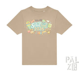Beiges kurzarm kinder t-shirt mit farbenfrohem schulkind 2026 design und schulmotiven von pälzr in verschiedenen farben