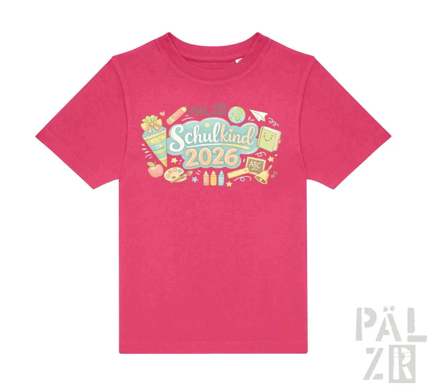 Vibrantes pinkes kinder t-shirt mit buntem schulkind 2026 motiv und schulbezogenen grafiken auf der vorderseite