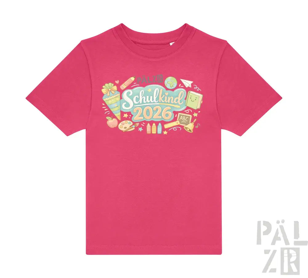 Vibrantes pinkes kinder t-shirt mit buntem schulkind 2026 motiv und schulbezogenen grafiken auf der vorderseite