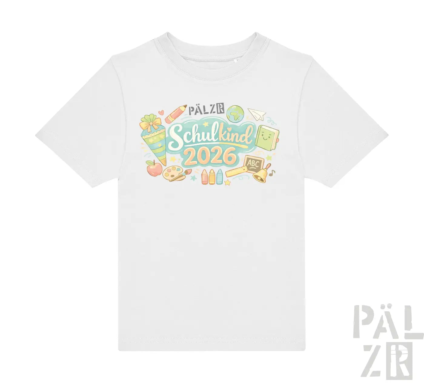 Weißes baumwoll-kinder t-shirt mit buntem cartoon grafik schulkind 2026 und schulmotiven in verschiedenen farben