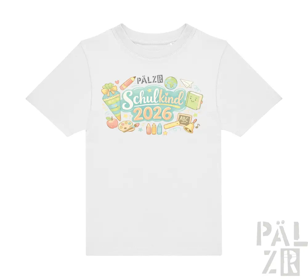 Weißes baumwoll-kinder t-shirt mit buntem cartoon grafik schulkind 2026 und schulmotiven in verschiedenen farben