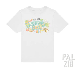 Weißes baumwoll-kinder t-shirt mit buntem cartoon grafik schulkind 2026 und schulmotiven in verschiedenen farben