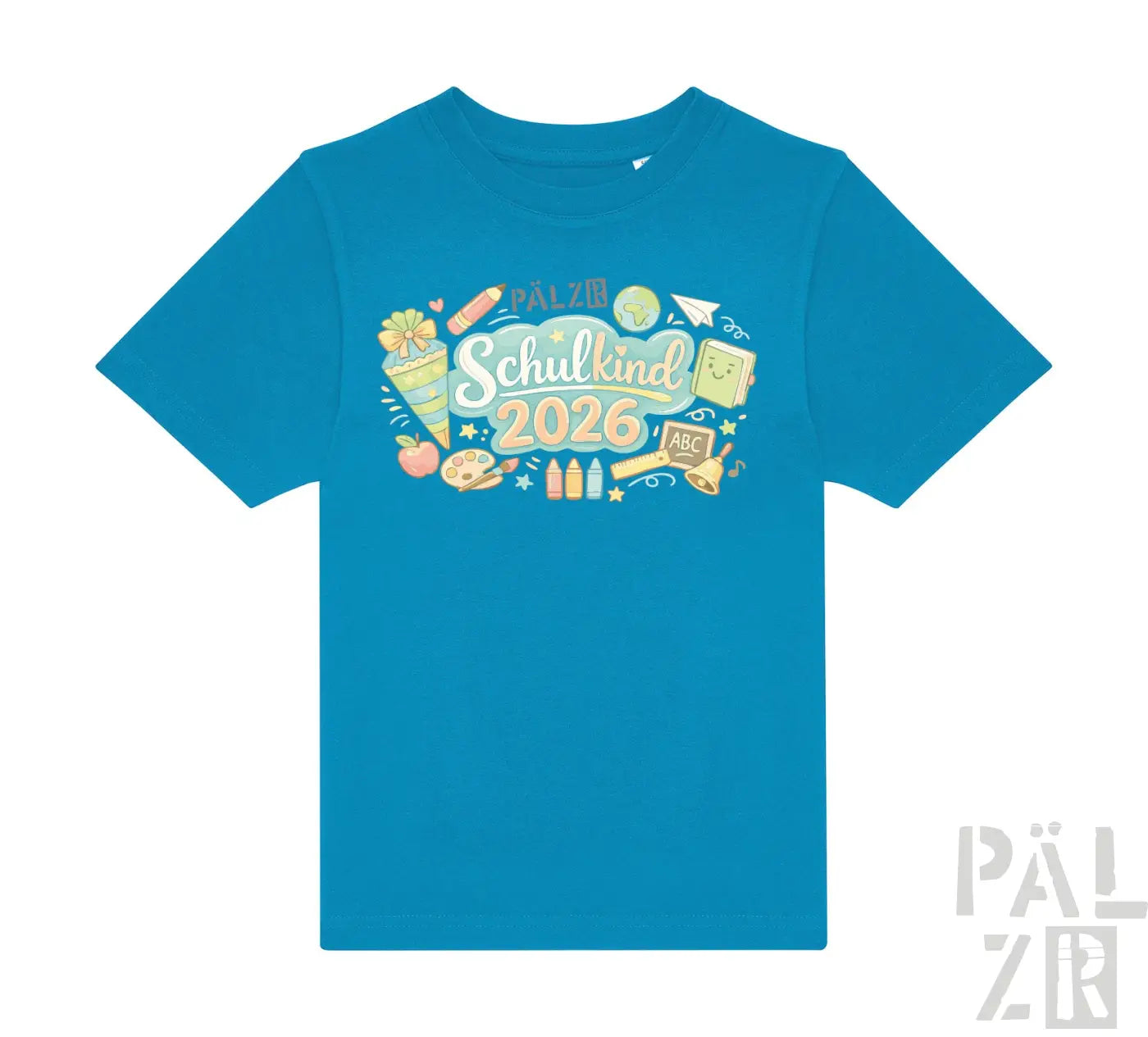 Hellblaues kinder t-shirt päLZR schulkind 2026 mit buntem schulmotiven-design und schriftzug in verschiedenen farben
