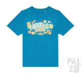 Hellblaues kinder t-shirt päLZR schulkind 2026 mit buntem schulmotiven-design und schriftzug in verschiedenen farben